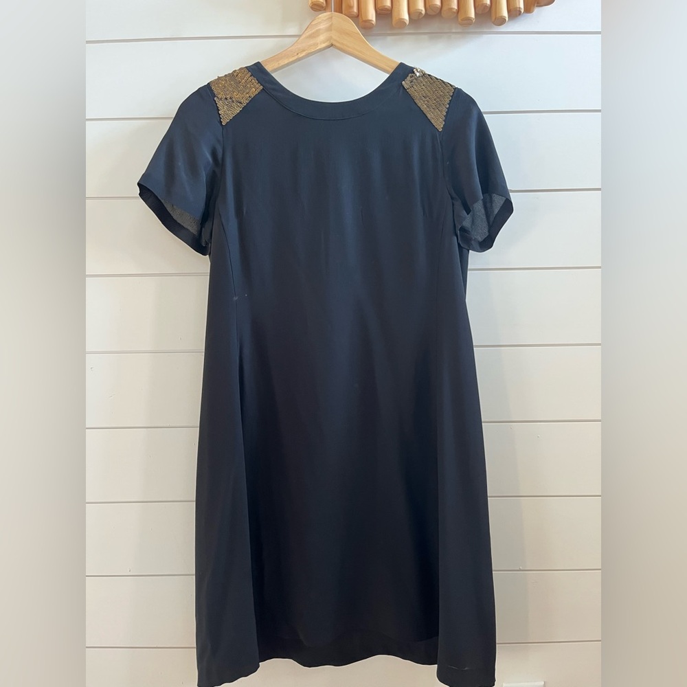 Madewell Black silk shift dress with bronze shoulder sequins